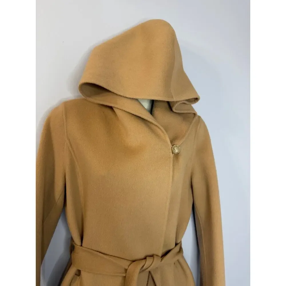 Theory Wilrose New Divide Wool Cashmere Wool Hooded Belted Wrap Coat Tan Sz S - Picture 7 of 14